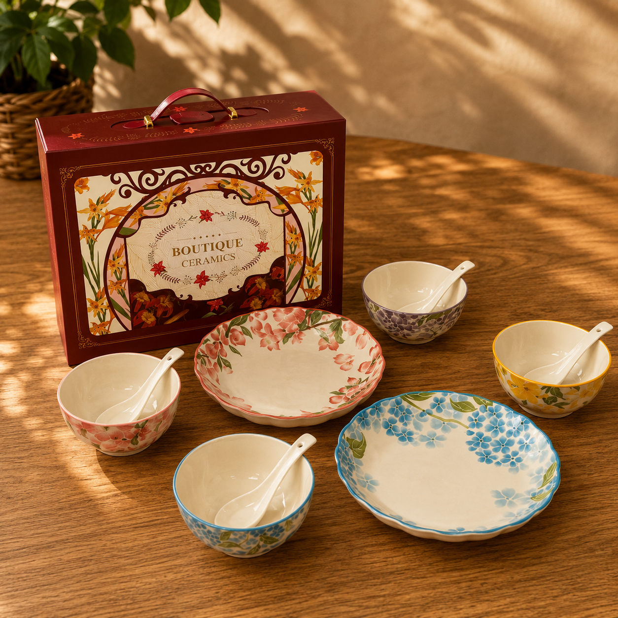 Ceramic Serving Set - Botanical Glazed 4 Bowls, 2 Plates & 4 Spoons Wholesale