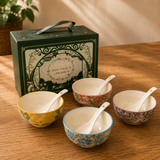 Ceramic Bowl Set - Botanical Glazed 4 Bowls & 4 Spoons Wholesale