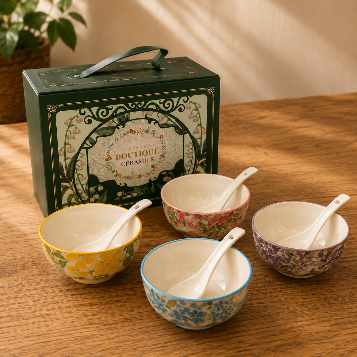 Ceramic Bowl Set - Botanical Glazed 4 Bowls & 4 Spoons Wholesale