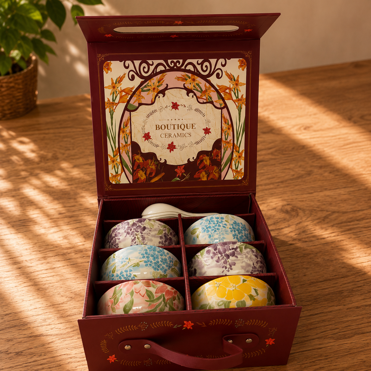 Ceramic Bowl Set - Botanical Glazed 6 Bowls & 6 Spoons Wholesale