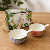 Ceramic Bowl Set - Botanical Glazed 2 Bowls & 2 Spoons - Wholesale