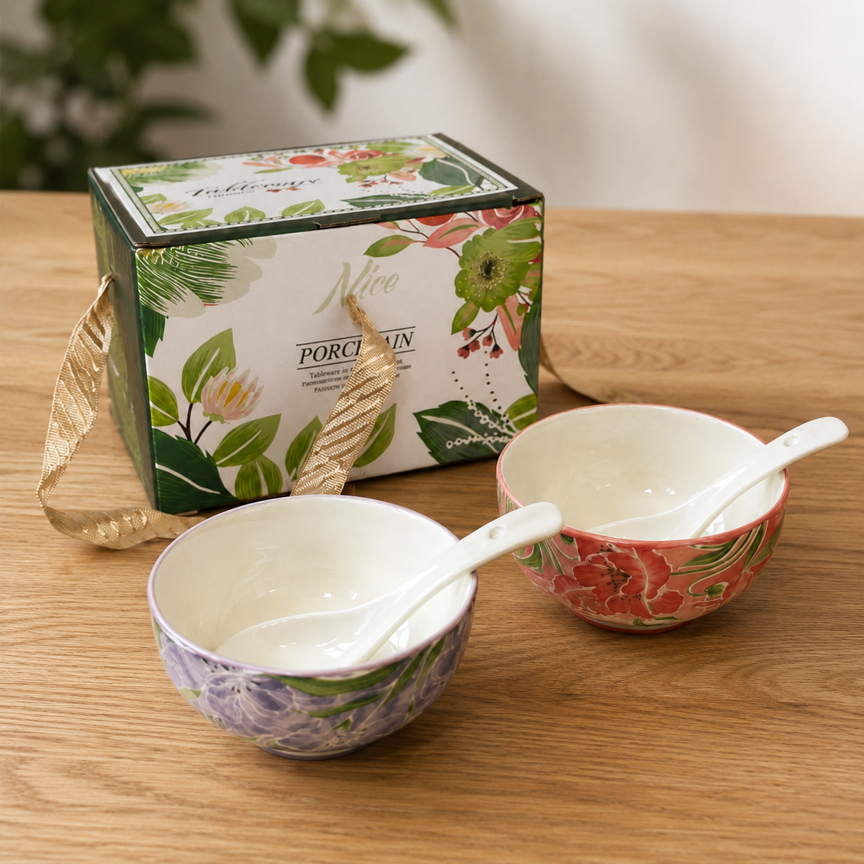 Ceramic Bowl Set - Botanical Glazed 2 Bowls & 2 Spoons - Wholesale